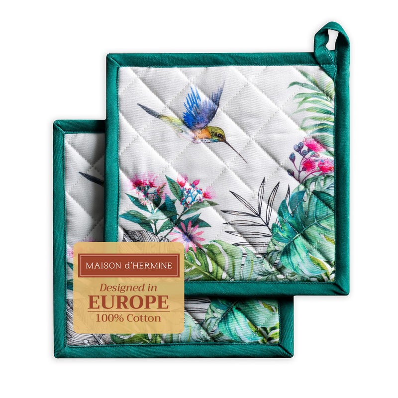 Maison d' Hermine Pot Holders Set 100% Cotton Heat Resistant Potholders 8" x 8" Hot Pads with Loop BBQ, Cooking, Baking, Grilling, Kitchen, Handling Hot Pans Spring/Summer (Pack of 2, Tropiques) - Image 1